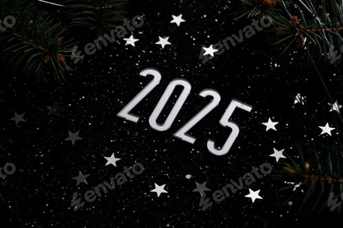 Preview: New Year 2025 dark background. Number of the coming year in Christmas decoration.