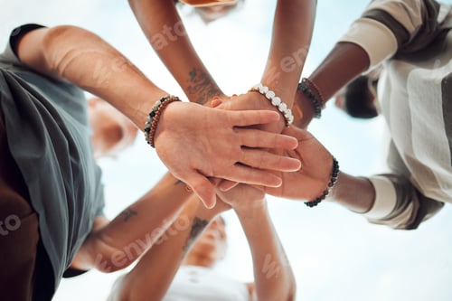Preview: Support, community and teamwork with hands of friends from bottom for goals, vision or networking t