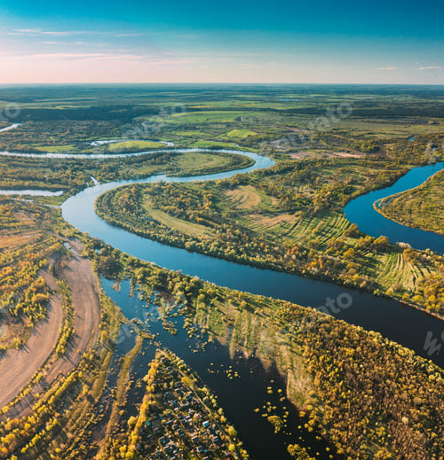 Preview: Village Near River, Aerial View Green Forest Woods And River Landscape In Sunny Spring Summer Day