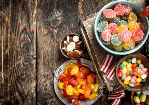 Preview: Different sweet candy, jelly, marshmallows and candied fruits.