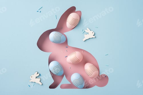 Preview: Easter themed design featuring a bunny-shaped cutout decorated with pastel Easter eggs