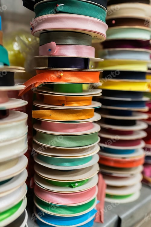 Preview: Various ribbon reels placed in textile workshop
