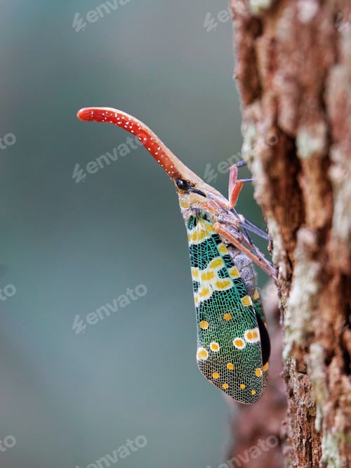 Preview: Vibrant light bearer (Fulgoridae) on a tree trunk in a natural outdoor environment