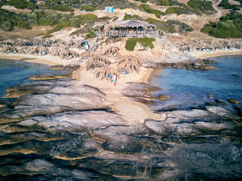 Preview: Beautiful Beach And Rocky Coastline Top Aerial View Drone Shot, Sithonia, Greece
