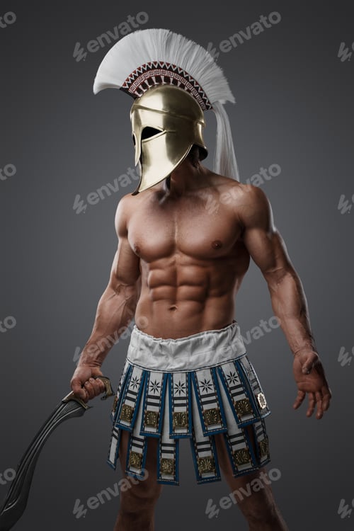 Preview: Handsome warrior with short sword against gray background