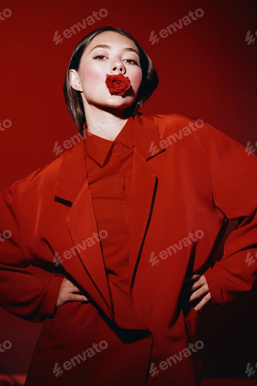 Preview: Captivating Beauty: A Sensual Portrait of a Young Woman with Red Lips and Dark Glamour