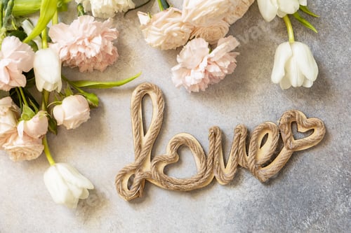 Preview: Valentine's Day greeting card with "love" letters and beautiful spring flowers.