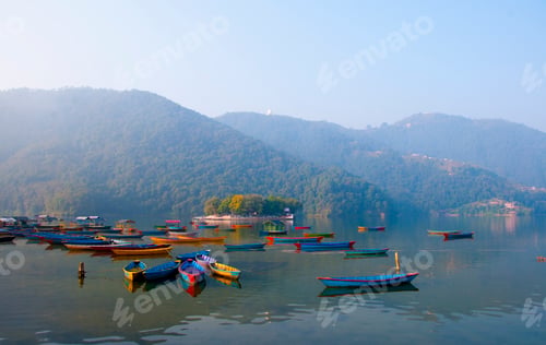 Preview: Colorful wooden boat at Fewa lake, Pokhara, Nepal.
