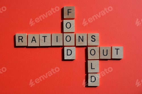 Preview: Food, Rations, Sold, Out, crossword in 3D wooden alphabet letters