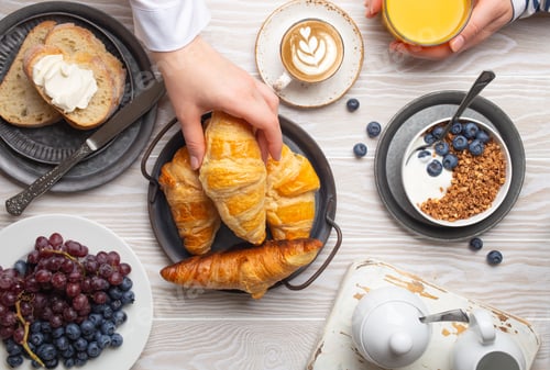 Preview: Tasty and healthy breakfast, white wooden table, top view