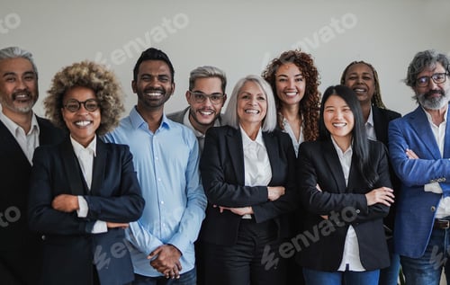 Preview: Happy multiethnic business people working together inside modern office