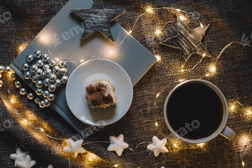 Preview: Coffee, Cake, and Cozy Lights on Wool Blanket