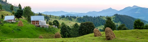 Preview: Village houses on hills with green meadows in summer day. House of shepherds