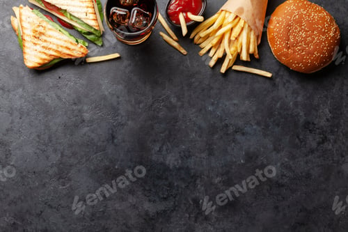 Preview: Club sandwich, potato fries, hamburger and cola