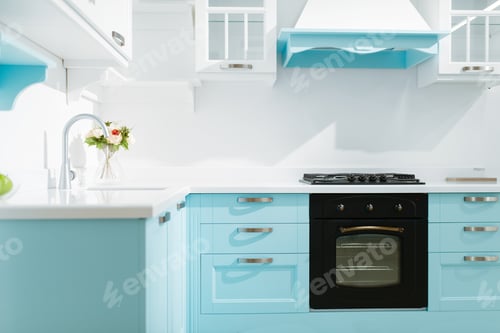 Preview: Luxury kitchen interior in white and blue tones