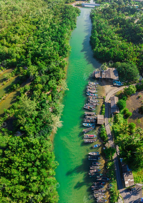 Preview: Aerial drone view of fishing boats by the riverside in Marang, Terengganu, Malaysia