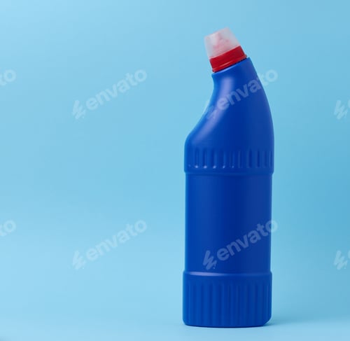 Preview: Blue plastic bottle for chemical detergents on a blue background