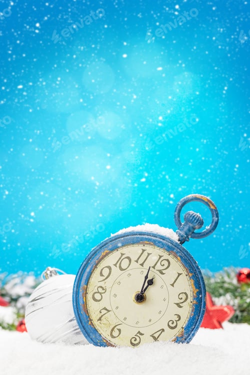 Preview: Christmas greeting card with alarm clock and decor