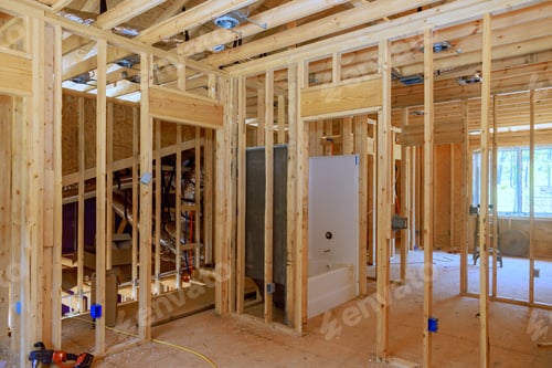 Preview: Bathroom remodel under plumbing work connecting installation of pipes with installed new acrylic
