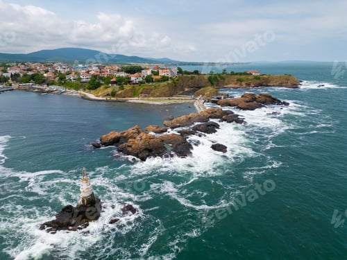 Preview: Aerial view of the small coastal town of Ahtopol on the Black Sea coast in Bulgaria, showcasing its