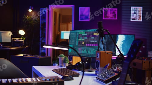 Preview: Electronic instruments used for mixing and recording tunes in empty home studio