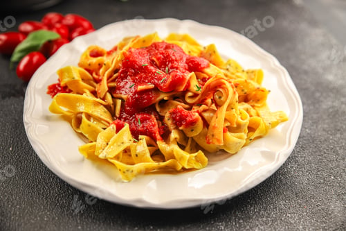 Preview: Plate of fresh tagliatelle pasta with tomato sauce