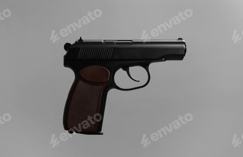 Preview: Standard handgun on grey background. Semi-automatic pistol