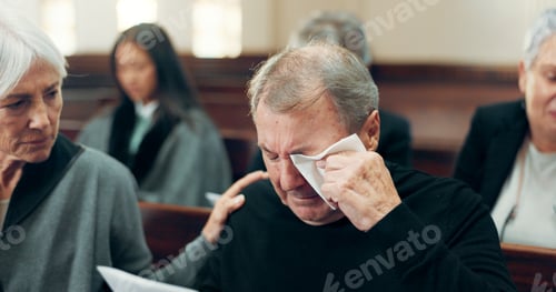 Preview: Sad, funeral or old man crying in church for God, holy spirit or religion in Christian community ca