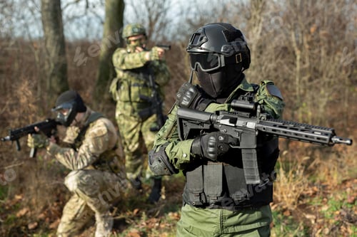 Preview: Military soldier holds a radio station, and give orders subdivision.