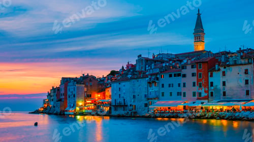 Preview: Rovinj village during sunset Adriatic sea Croatia, sunset at Rovinj town Croatia