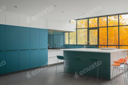 Preview: Residential interior of modern kitchen.Modern new light interior of kitchen with white furniture and