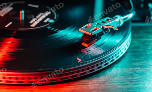 Preview: Colored neon vinyl record playing. Fusion of retro vibes and vibrant modernity.