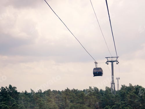Preview: Scenic cable car ride through a lush forest with tall trees in the background