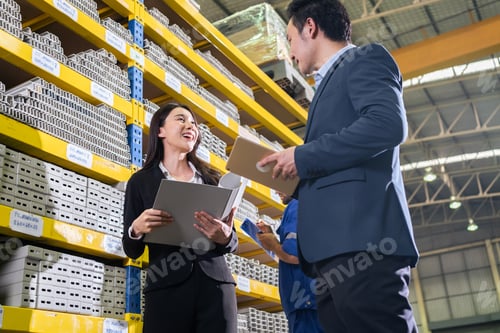 Preview: Asian business woman work in industry manufacturing plant with partner.