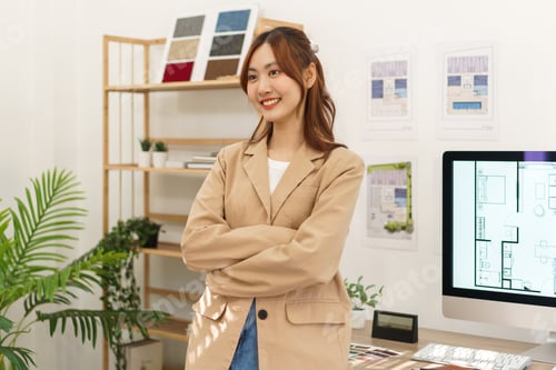 Preview: Architecture concept, Confidence female architect working with planning of designing house interior