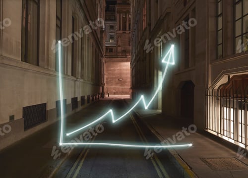 Preview: Glowing chart with upward arrow symbol on city street at night