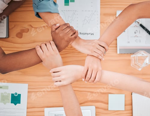 Preview: Team building, community and diversity with top view of hands of business people in meeting for str
