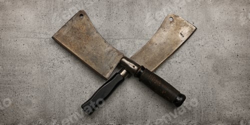 Preview: Two crossed vintage meat cleavers on table
