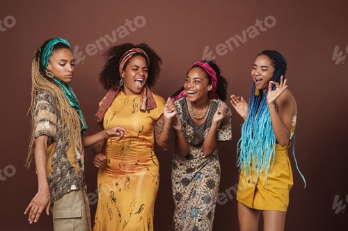 Preview: Young black four women wearing dress singing and dancing on camera