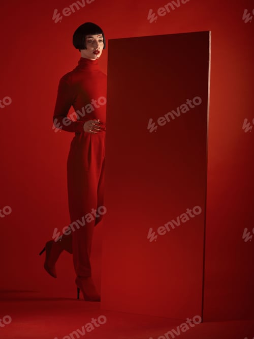 Preview: Fashion, mockup and a model woman in a red background in studio for marketing, advertising or brand