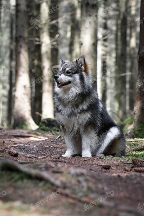 Preview: Portrait of a young puppy finnish lapphund dog sitting in the forest or woods