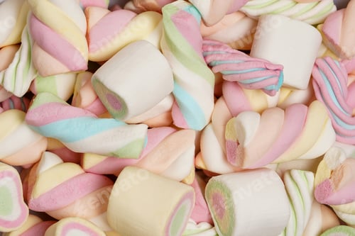 Preview: Multi-colored marshmallows. Background or texture of colorful blue and pink marshmallows