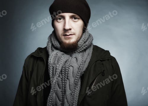 Preview: Artistic dark portrait of the young beautiful man in a cap and a