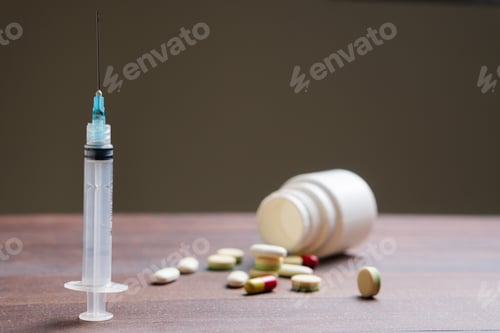 Preview: Scattered Pills and Syringe on Wooden Table