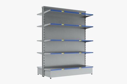 Preview: Empty Supermarket Display, Perforated Metal Shelving Unit with Blue Shelves