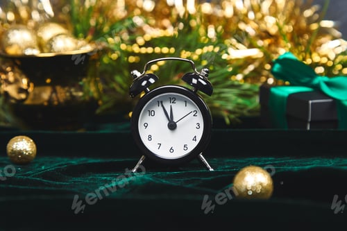 Preview: Christmas gift box, alarm clock and fir tree branch on table.