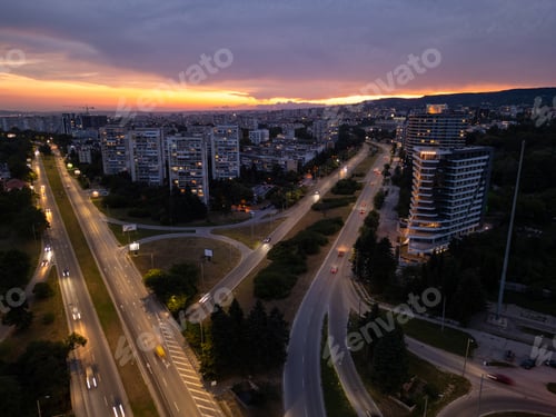 Preview: Aerial panoramic view of Varna, Bulgaria at sunset. Urban landscape with coastal city lights, reside