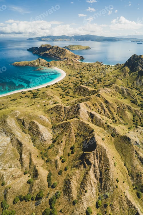 Preview: Aerial vertical view of Padar island in Komodo National Park, Indonesia. Drone shot, top view