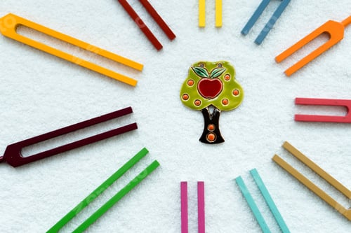Preview: Set of colorful tuning forks like sun rays with world tree inside