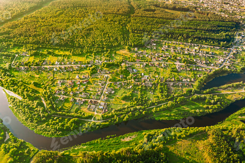 Preview: Aerial View Of Calm River And Village In Belarus, Europe. Green Forest Woods Landscape In Sunny